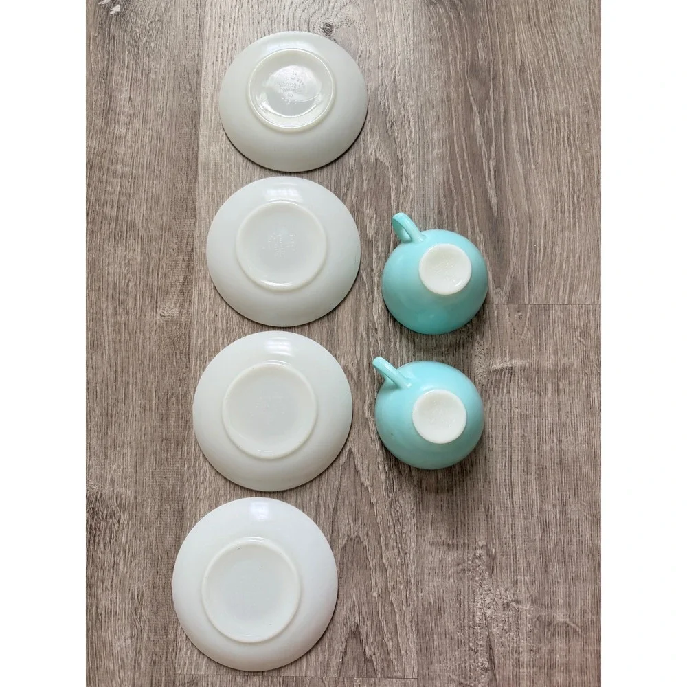 Vintage Pyrex Family‎ Flair Aqua Cups and Pine Needle Saucers Set of 6